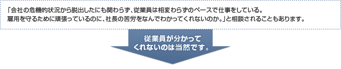 「会社の危機的状況から脱出したにも関わらず、従業員は相変わらずのペースで仕事をしている。