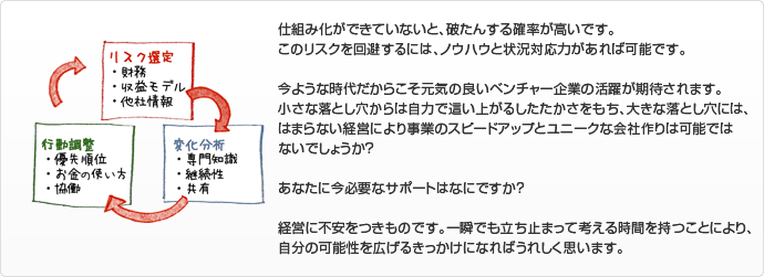 仕組み化ができていないと、破たんする確率が高いです。このリスクを回避するには、ノウハウと状況対応力があれば可能です。今ような時代だからこそ元気の良いベンチャー企業の活躍が期待されます。小さな落とし穴からは自力で這い上がるしたたかさをもち、大きな落とし穴には、はまらない経営により事業のスピードアップとユニークな会社作りは可能ではないでしょうか？あなたに今必要なサポートはなにですか？経営に不安をつきものです。一瞬でも立ち止まって考える時間を持つことにより、自分の可能性を広げるきっかけになればうれしく思います。